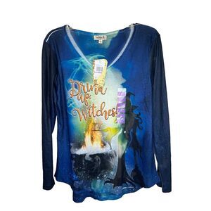 One World NWT "Drink up Witches" Small long sleeve navy top v neck‎ Halloween